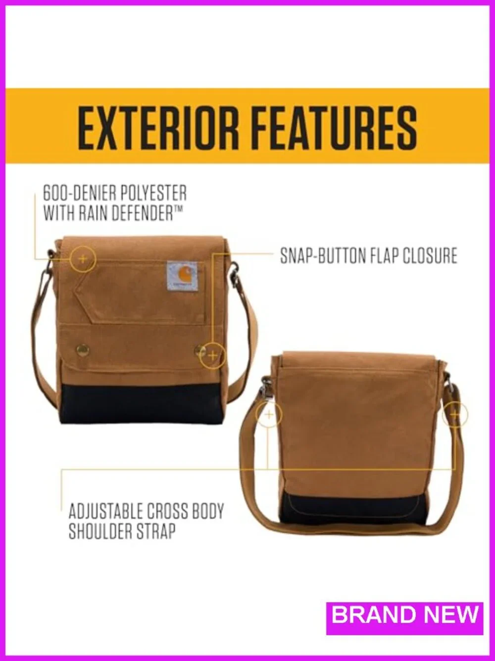 Carhartt Crossbody Snap Bag - Durable Adjustable Shoulder Purse